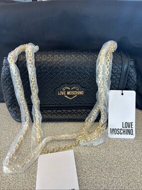 Love Moschino Black Quilted Heart-Logo Shoulder Bag with Gold Chain